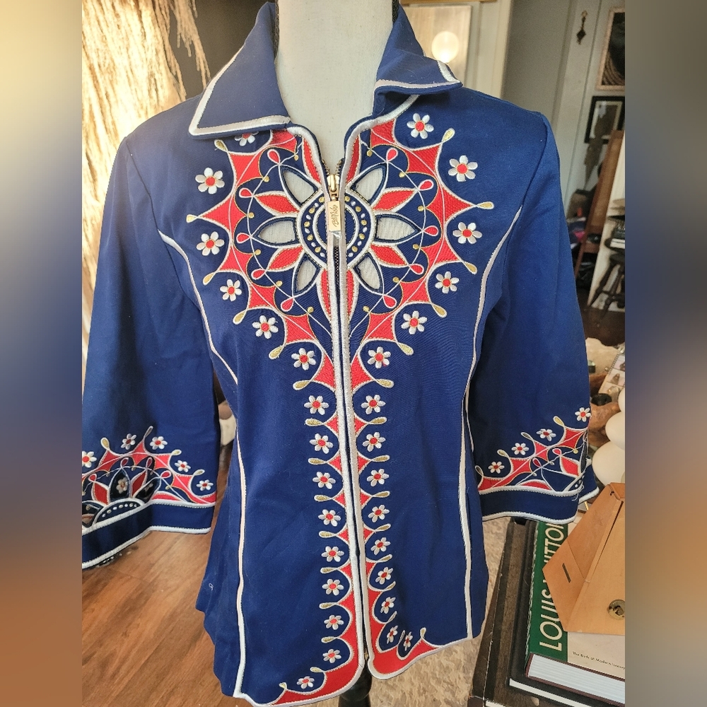 NWT Bob Mackie Blue Blazer with Red and White Embroidery